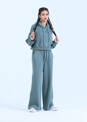 CROPPED FLEECE CO-ORD SET IN SAGE TEAL