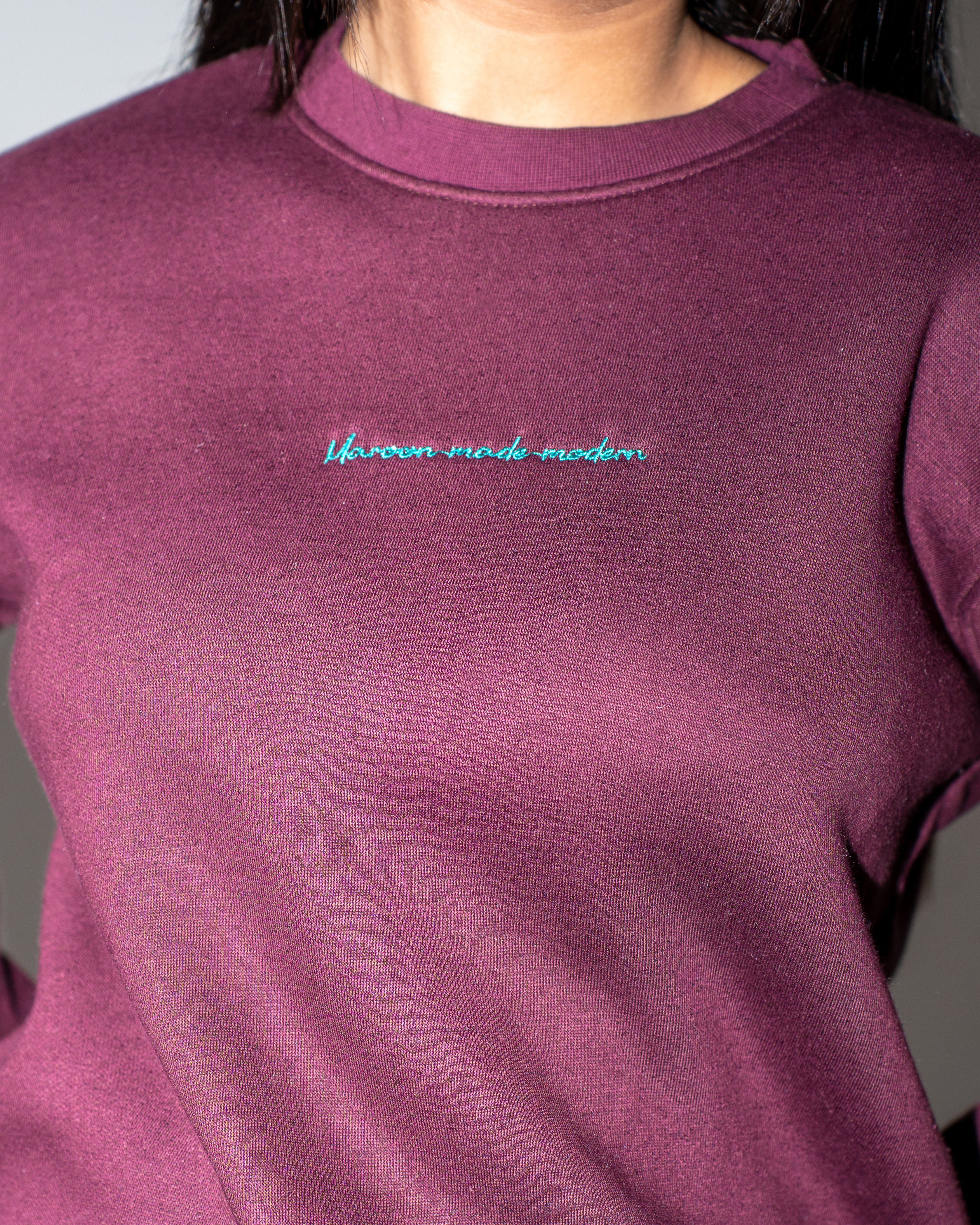 Crop Embroidered Sweatshirt - Deep Burgundy