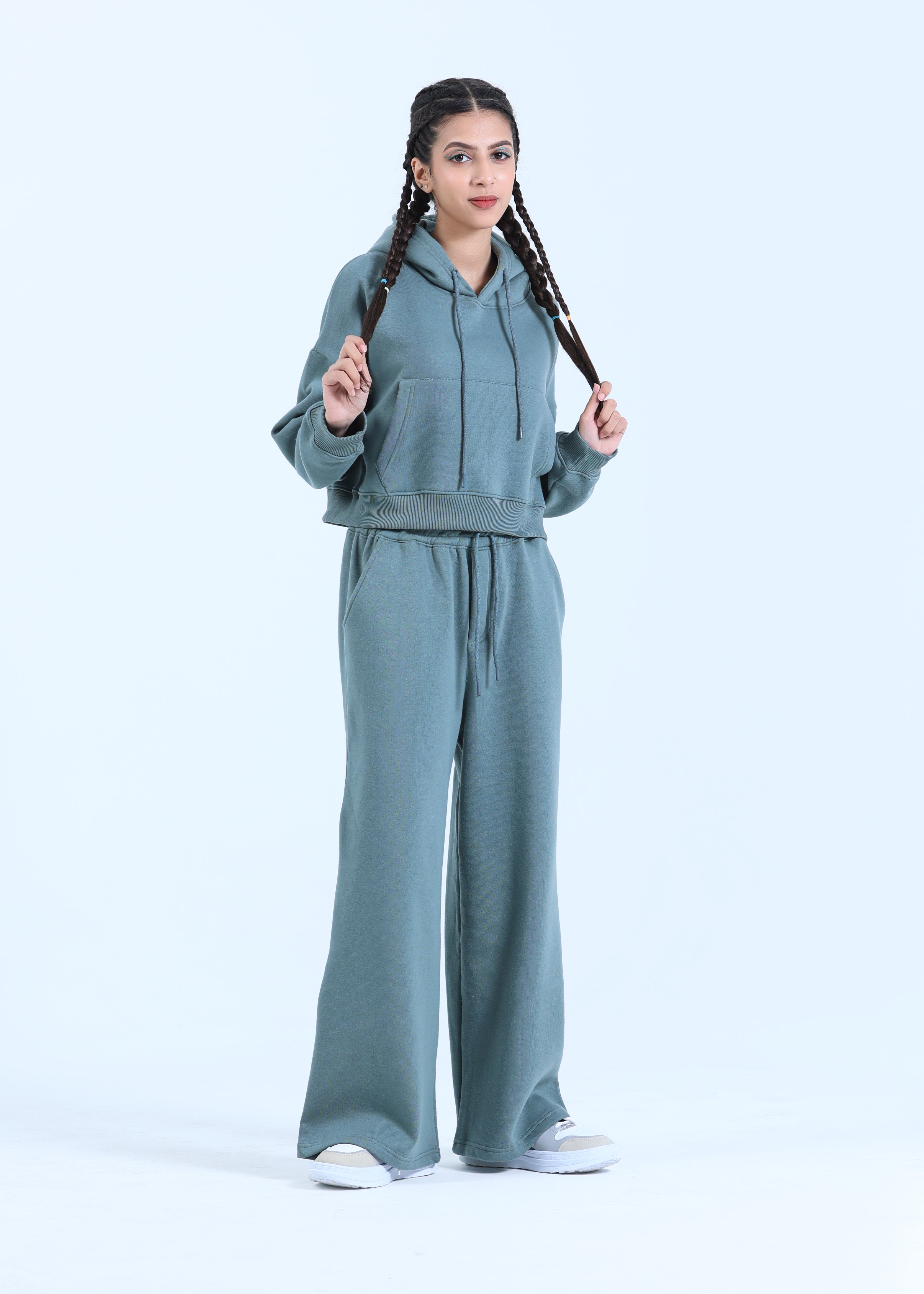 CROPPED FLEECE CO-ORD SET IN SAGE TEAL