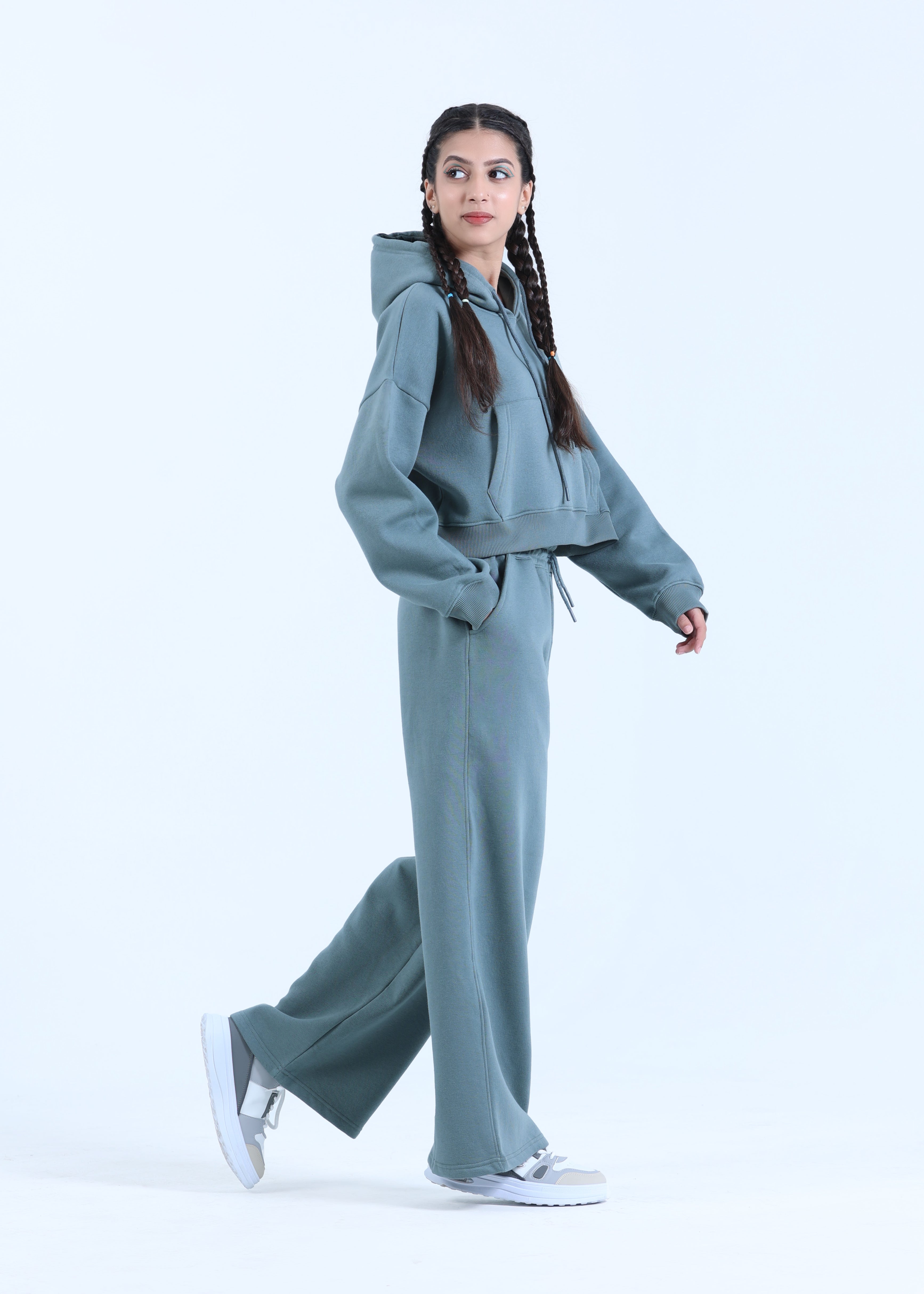 CROPPED FLEECE CO-ORD SET IN SAGE TEAL