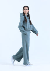 CROPPED FLEECE CO-ORD SET IN SAGE TEAL