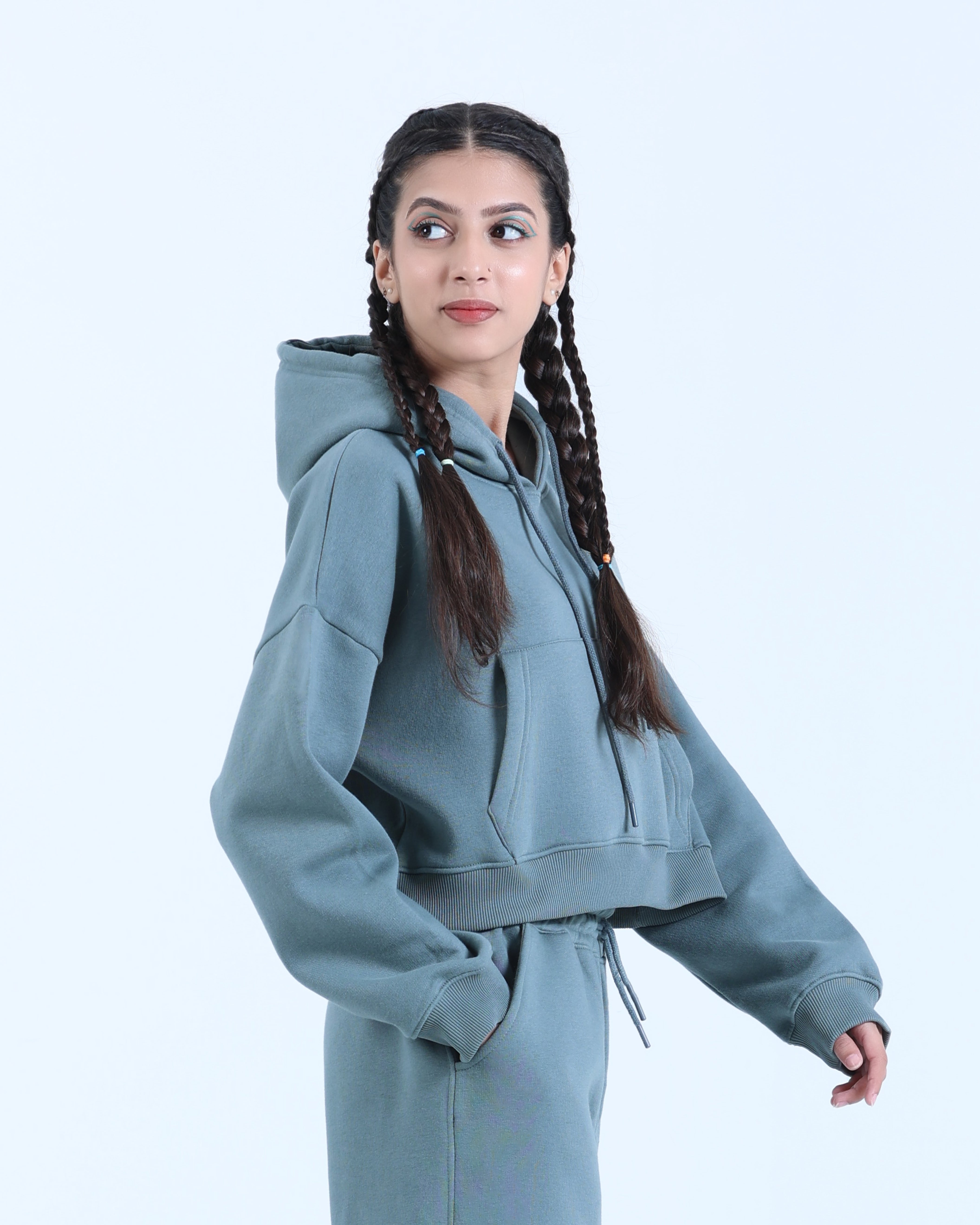 CROPPED HOODIE IN SAGE TEAL COLOR