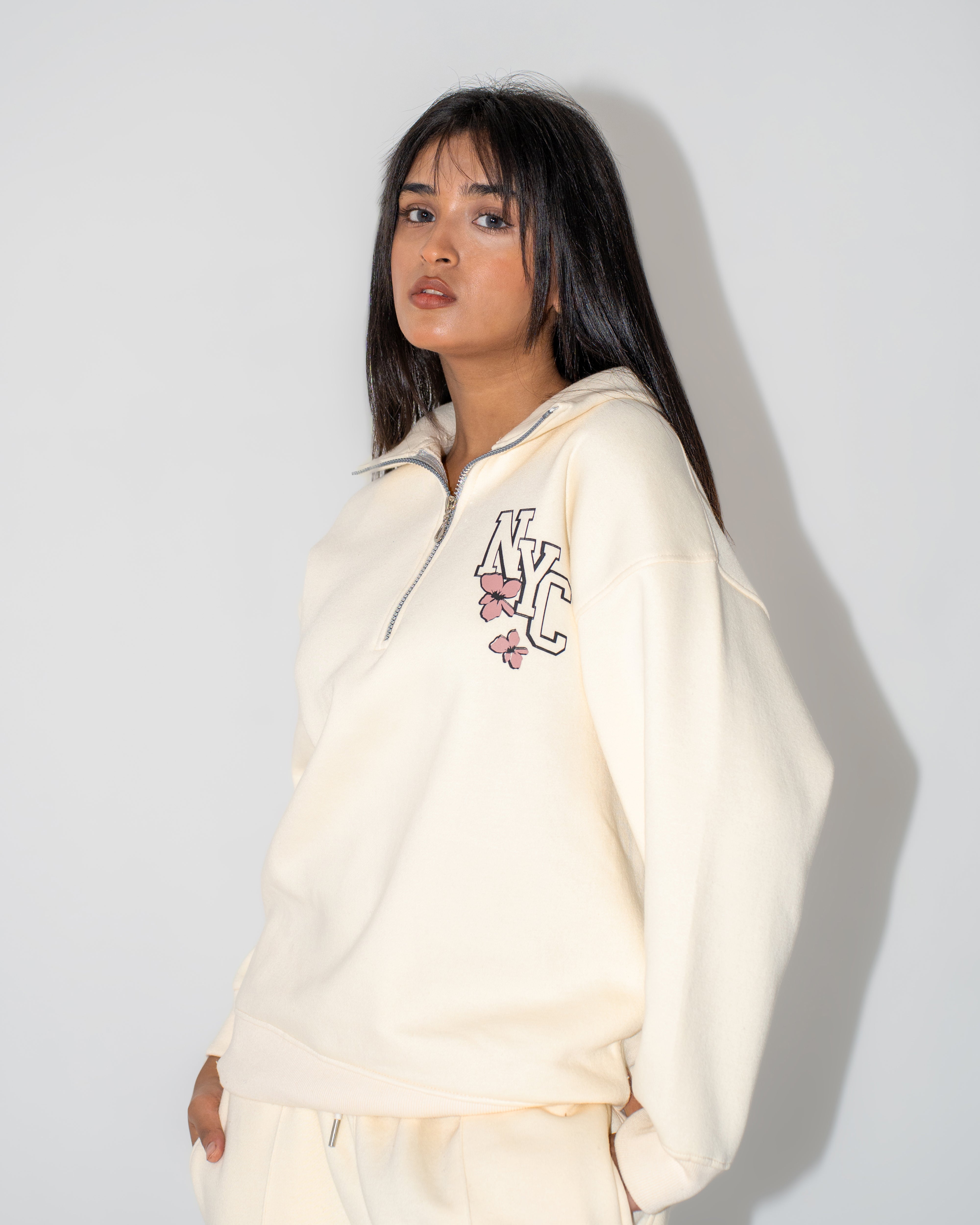 NYC Floral Quarter Zip - Winter Cream