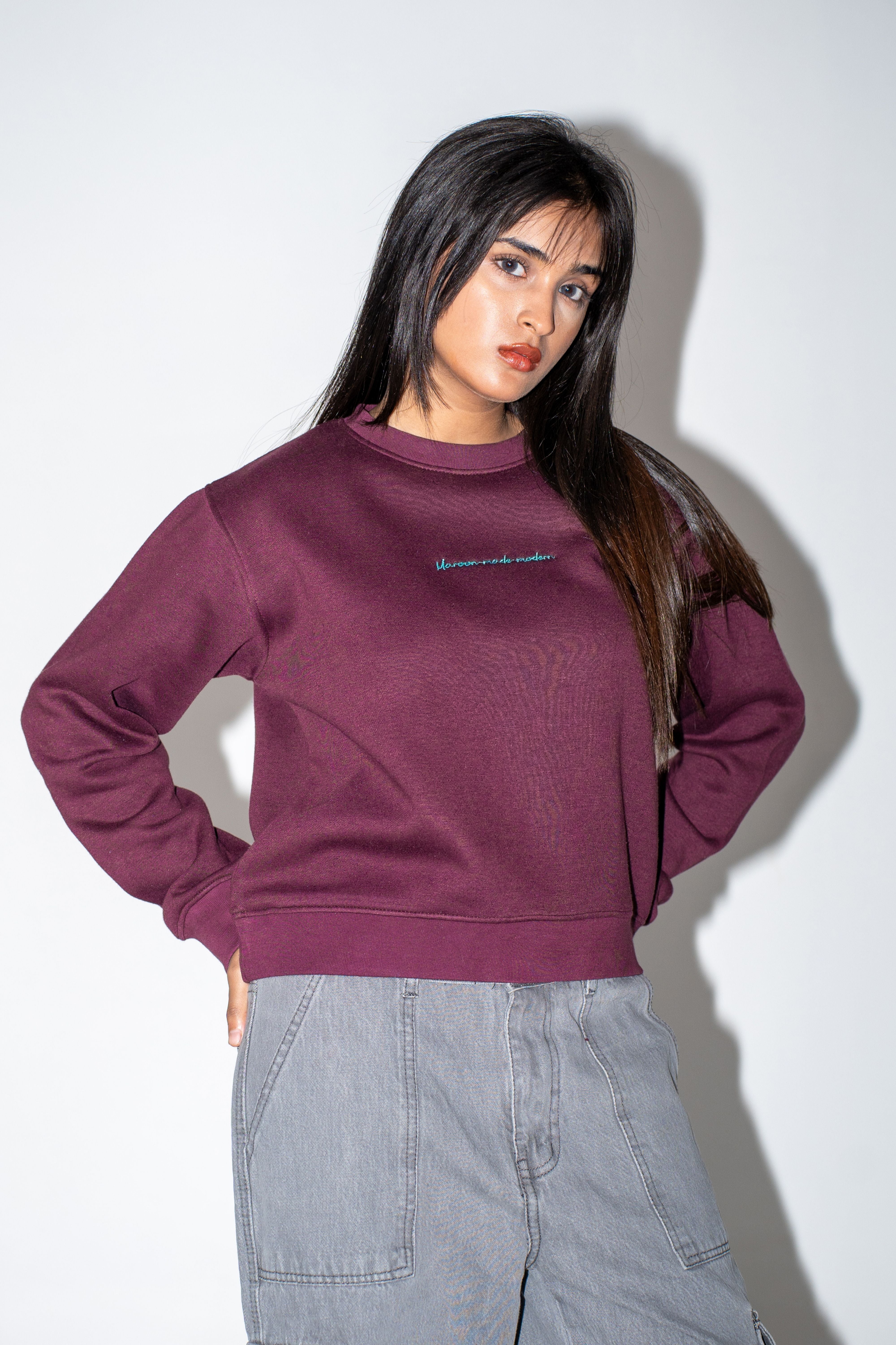 Crop Embroidered Sweatshirt - Deep Burgundy