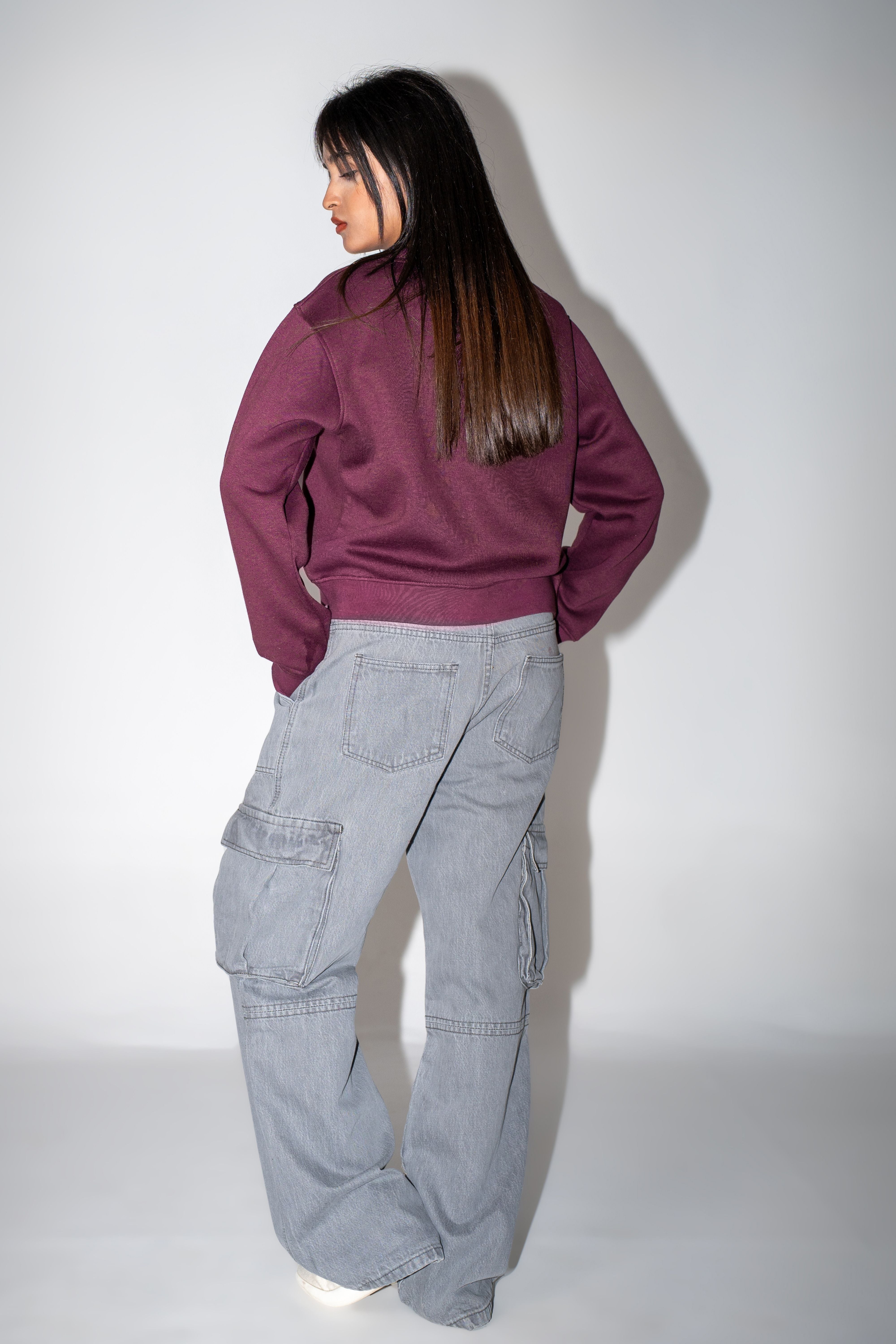 Crop Embroidered Sweatshirt - Deep Burgundy