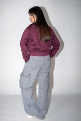 Crop Embroidered Sweatshirt - Deep Burgundy