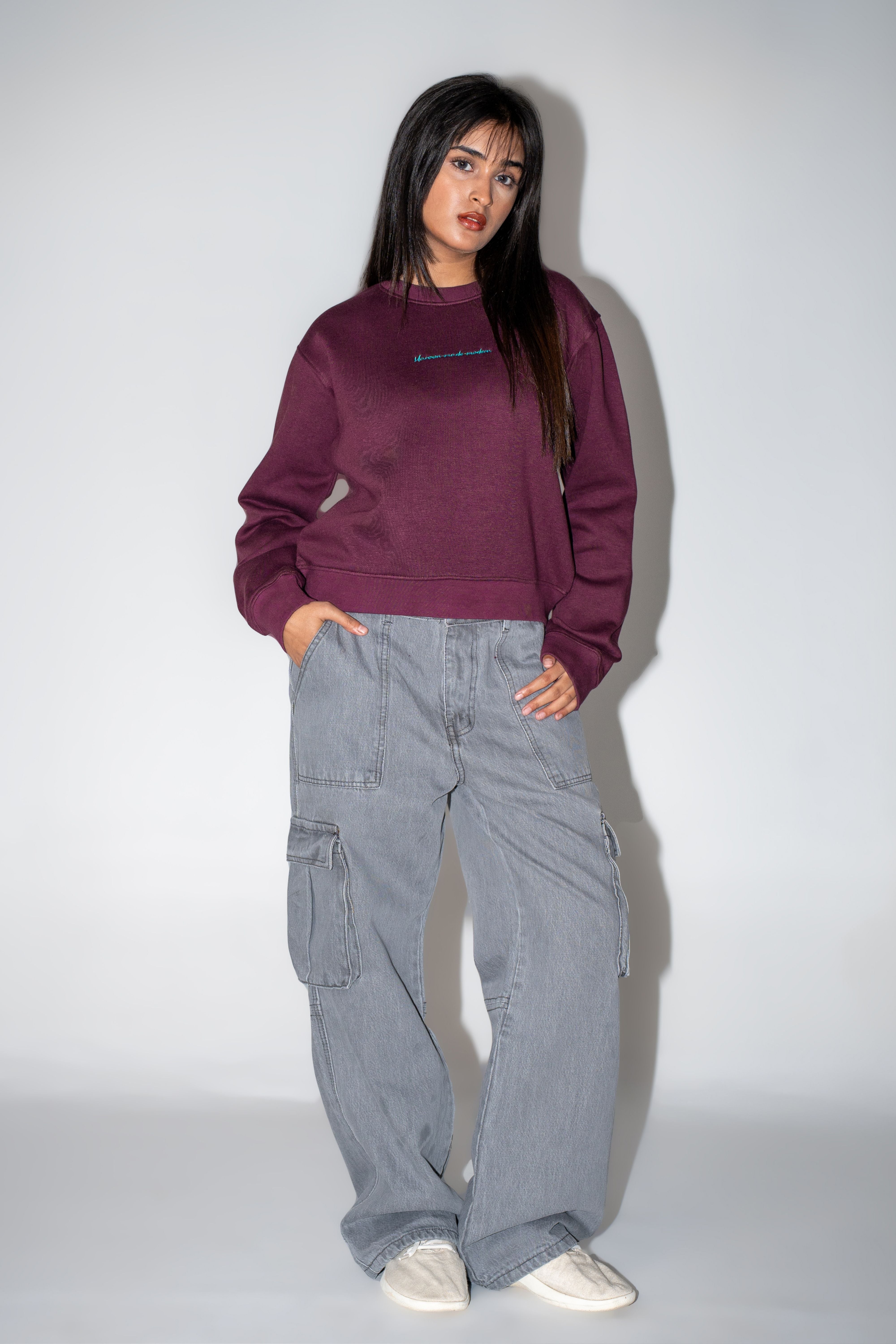 Crop Embroidered Sweatshirt - Deep Burgundy