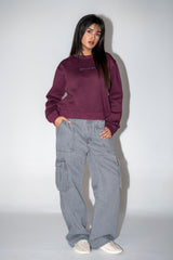 Crop Embroidered Sweatshirt - Deep Burgundy