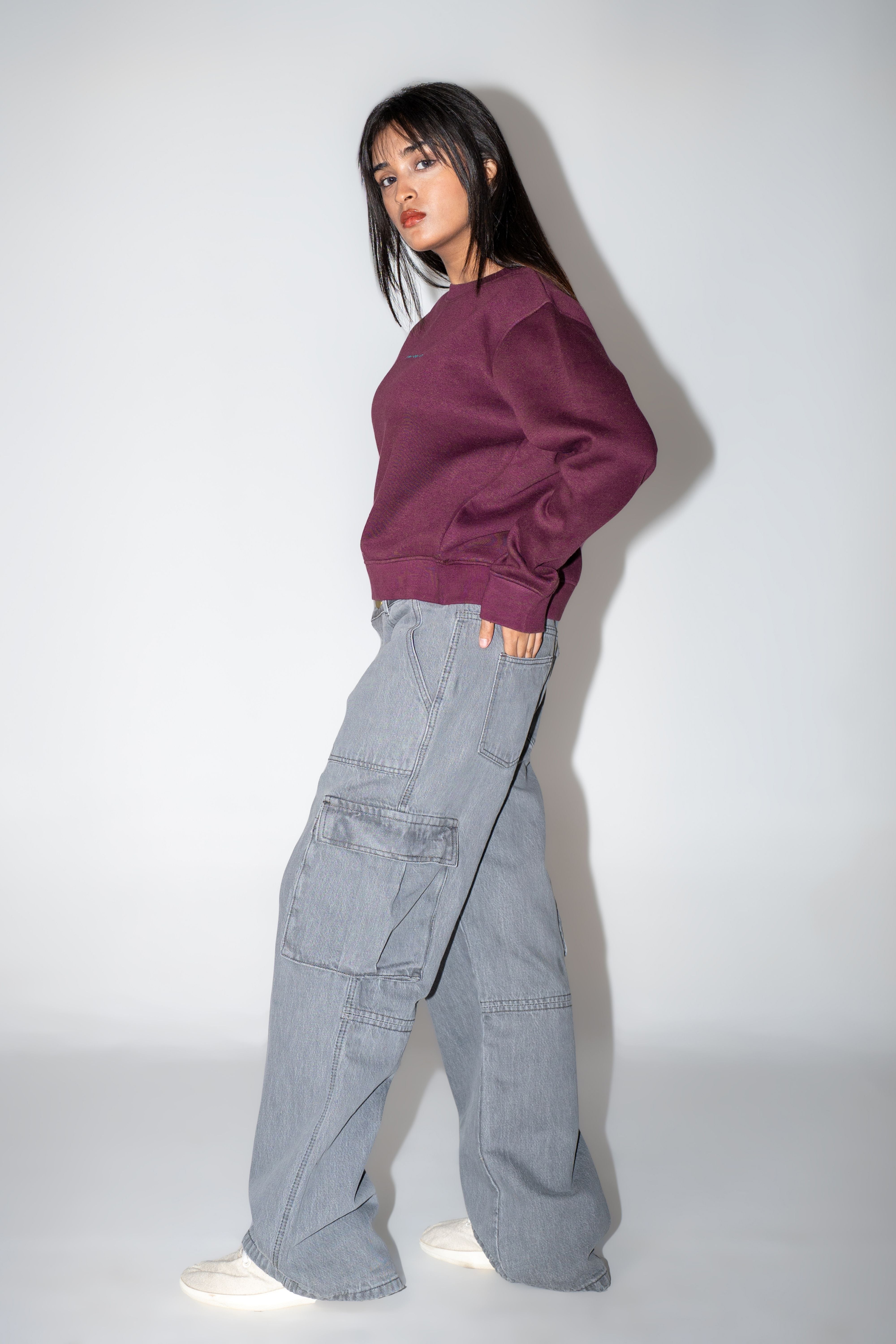 Crop Embroidered Sweatshirt - Deep Burgundy
