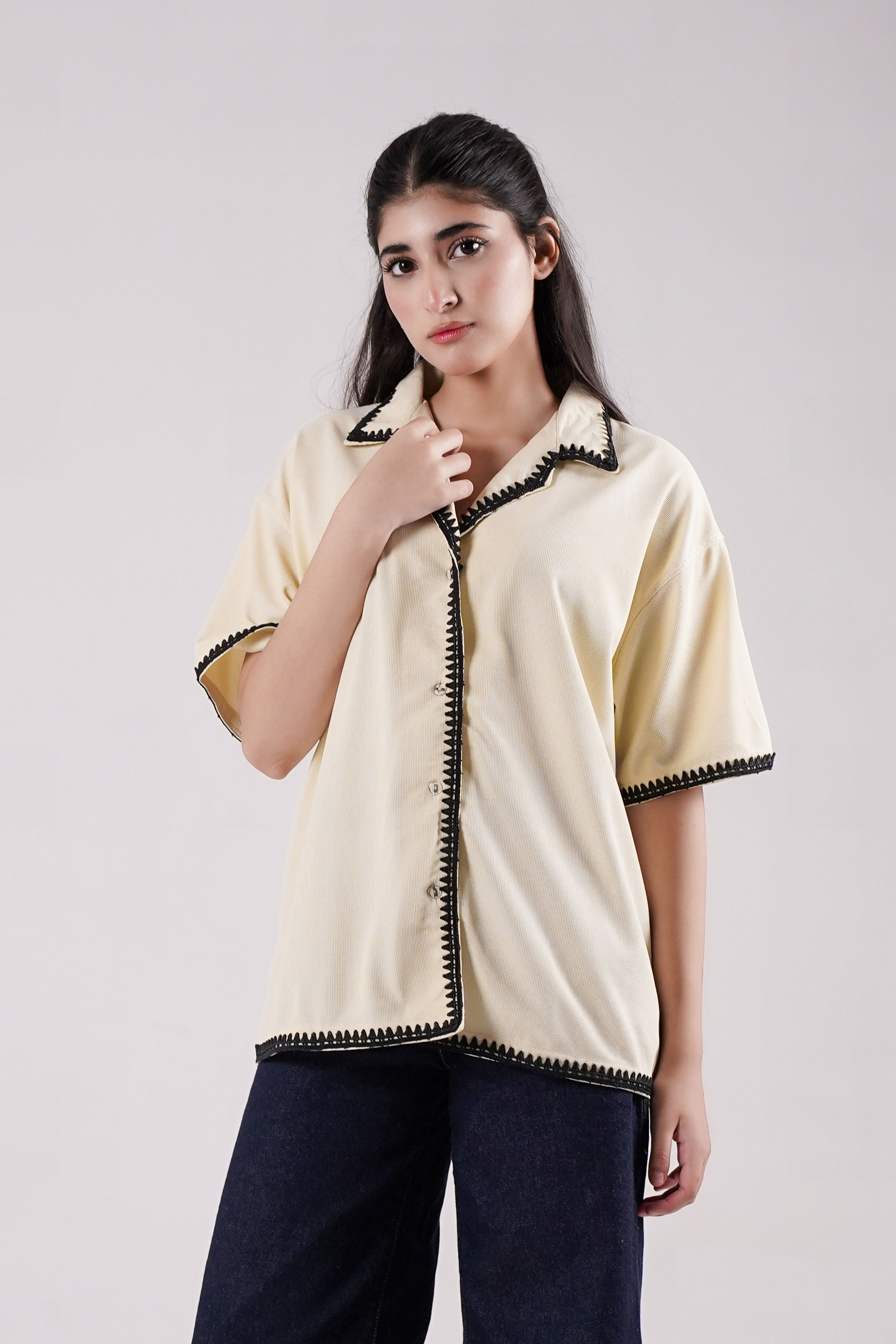 Embellished Cream Waffle Shirt
