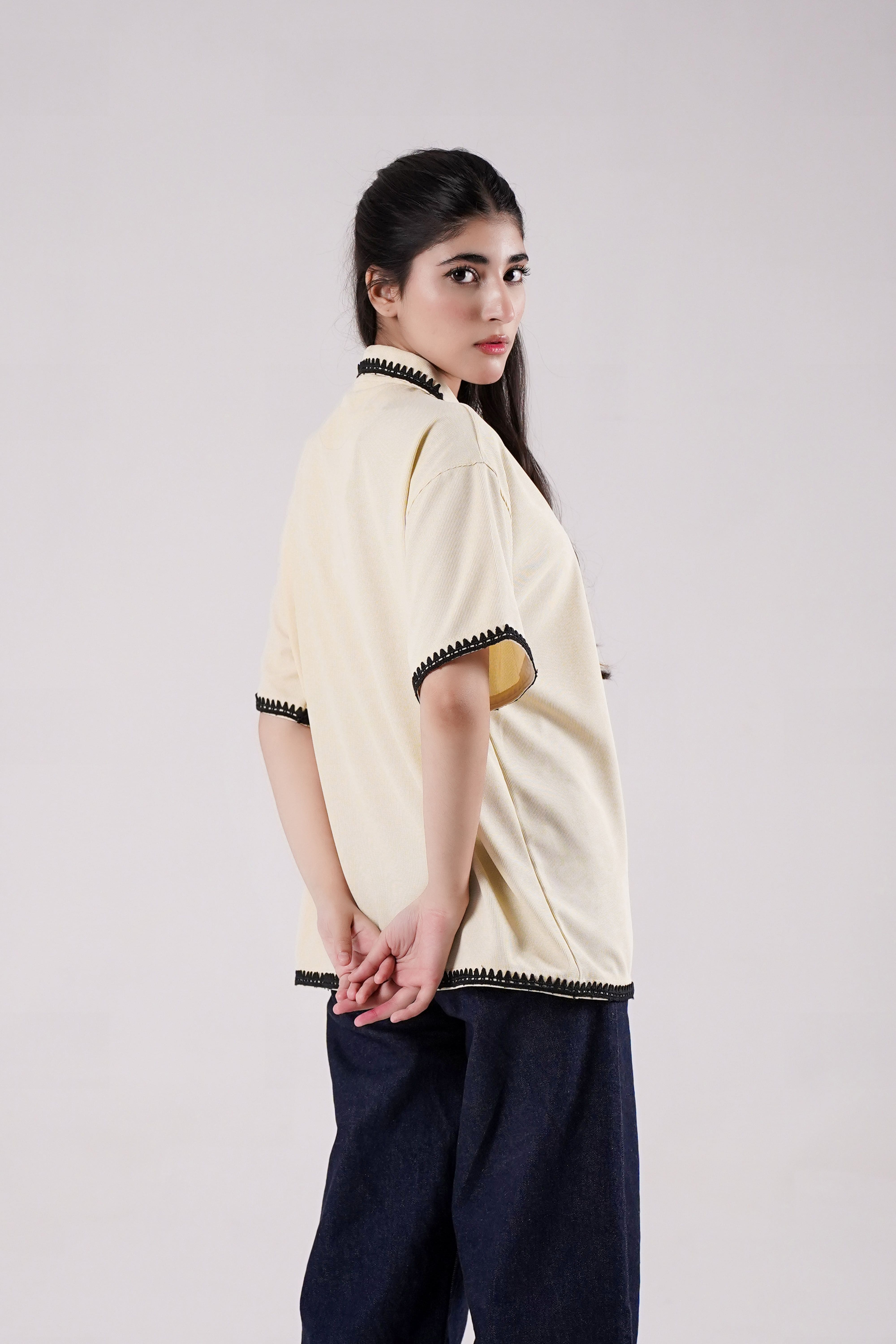 Embellished Cream Waffle Shirt
